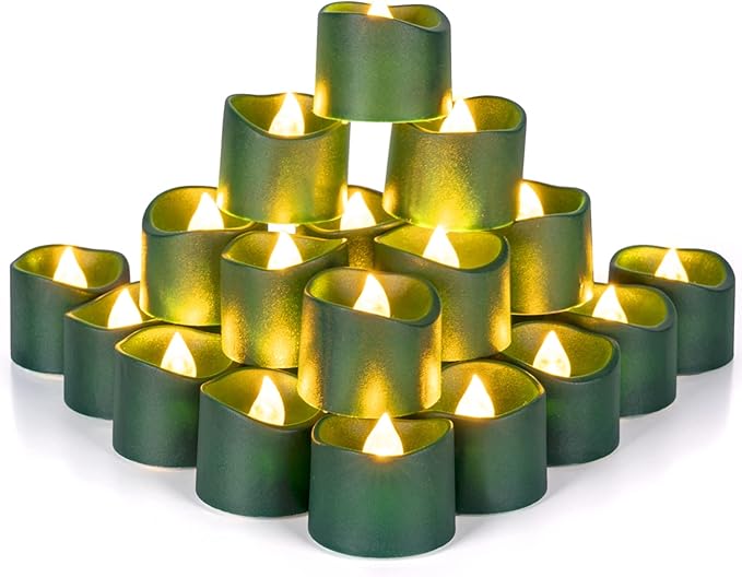 Homemory Green Tea Lights Candles Battery Operated, 200+Hour Flameless Flickering Fake Electric LED Colored Tealights Candles for Christmas, Theme Party, Seasonal Celebrations, 24-Pack