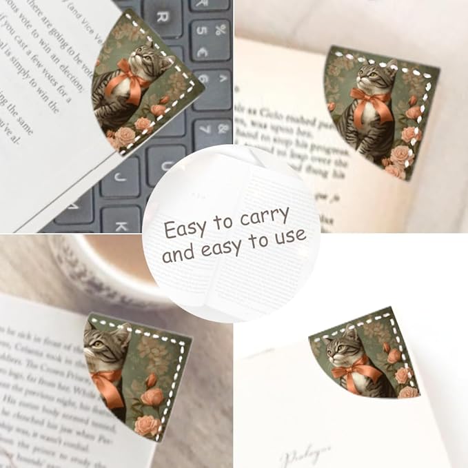 2PCS Leather Bookmarks 3.54 x 3.54 Inch Vintage Cat with Bow and Roses Design Reading Accessories for Books Journals Bibles Travel Diary Students Teachers and Book Lovers Gift