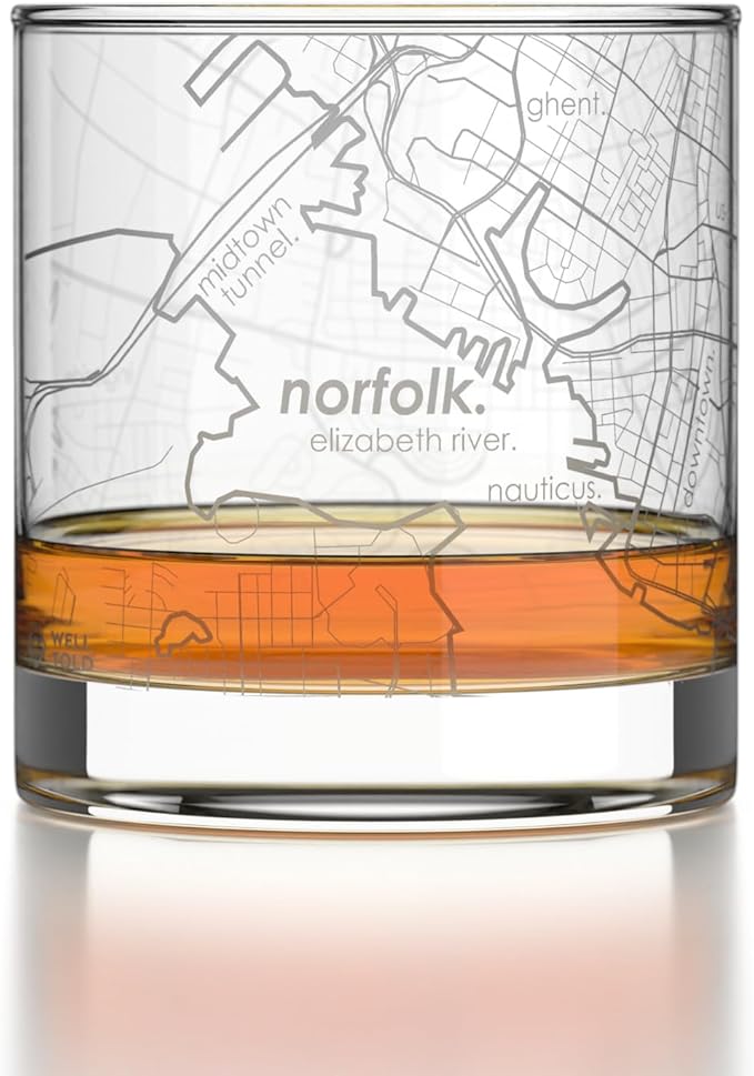 Well Told Engraved Norfolk Virginia Map Rocks Glass, Old Fashioned Glassware (11 oz, Clear) Etched Bourbon Tumbler, Gifts For Whiskey Lovers