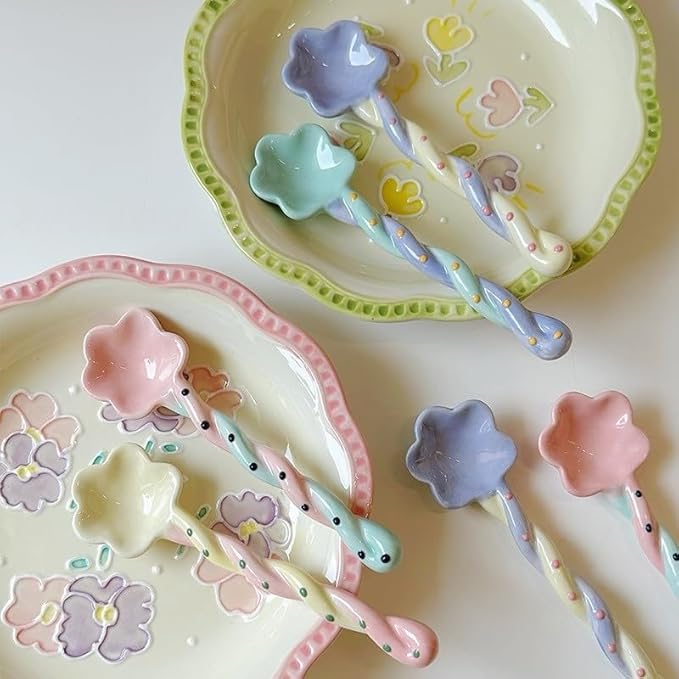 4-Pack - Ceramic Vintage Afternoon Tea, Coffee Whisk, Floral embossed beaded dessert spoon,Handmade Spoon, Long-Handle Coffee Scoop, tea scoop for loose tea, Size 5.9 * 1.5in(15 * 4cm)