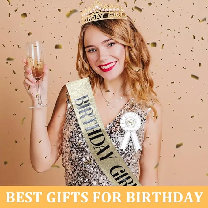 Gold Birthday Girl Crown and Sash, Pearl Birthday Tiara, Gold Birthdays Decorations Set, Princess Crown Tiara for Women and Girls