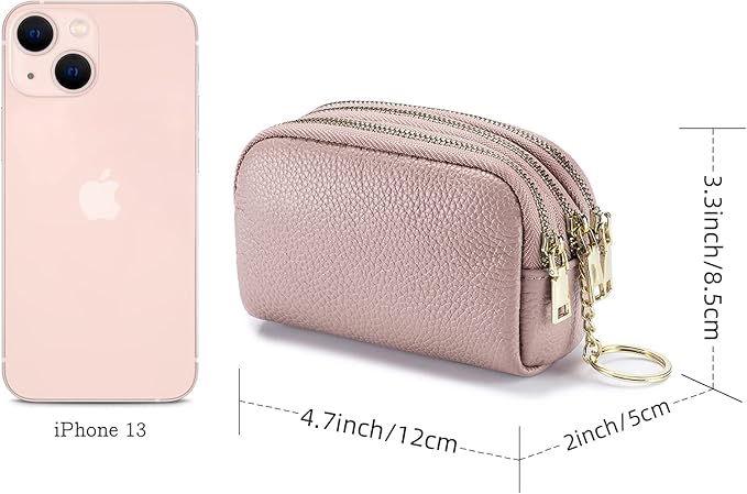 LINNO 3 Zippered Genuine Leather Coin Purse Triple Capacity Change Pouch Little Travel Wallet With Key Ring for Women
