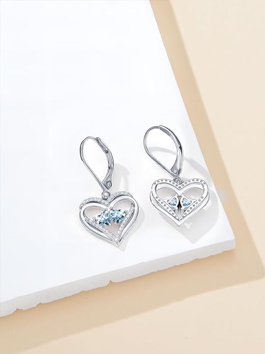 Heart Leverback Earrings Double Birthstone Dangle Earrings for Women, Love Jewelry for Her, Christmas Gifts for Women, Anniversary Birthday Gift for Mom Wife Girlfriend