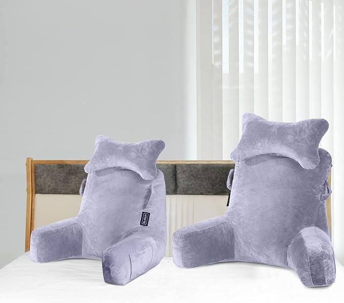 SLIGUY Reading Pillow-Bed Rest Pillow with Detachable Neck Roll & Support Arm for Sitting in Bed Couch or Floor-Backrest Reading Pillow Adult Back Pillow for Reading/Watching TV/Gaming/Relaxing,Grey