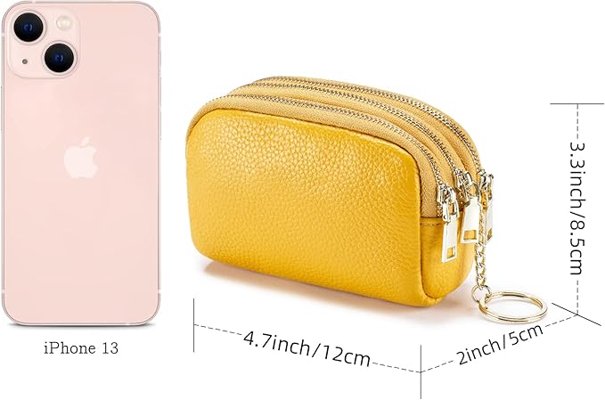 LINNO 3 Zippered Genuine Leather Coin Purse Triple Capacity Change Pouch Little Travel Wallet With Key Ring for Women