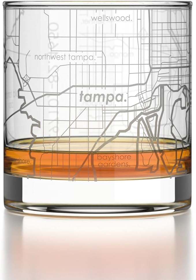 Well Told Engraved Tampa Bay Florida Map Rocks Glass, Old Fashioned Glassware (11 oz, Clear) Etched Bourbon Tumbler, Gifts For Whiskey Lovers