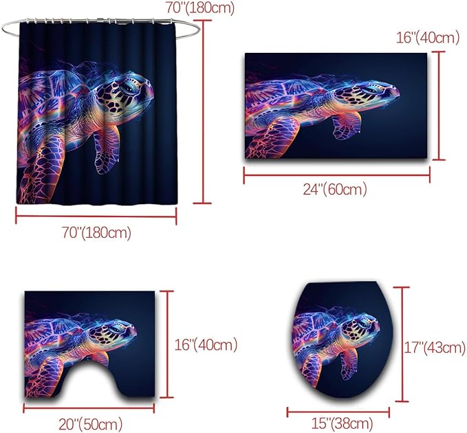 4 Pcs Turtle Shower Curtain Set - Turtle Shower Curtain Ocean Shower Curtains for Bathroom Kids Shower Curtain Ocean Themed Shower Curtain Set with Rug, Toilet Cover and Bath Mat with 12 Hooks