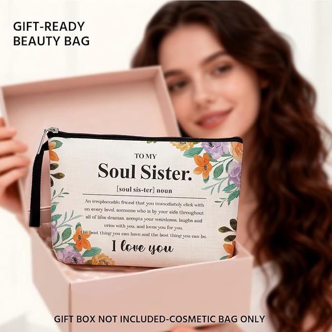 Sisters Gifts from Sister Inspirational Soul Sister Definition Noun Makeup Bag Friendship Gifts for Women Best Friends Women Bestie BFF Cosmetic Bag Zipper Pouch Bag Travel Bag for Christmas Birthday