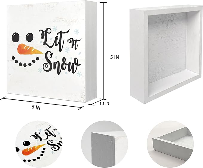 Mtrgdn Christmas Snowman Decor Sign,Winter Snowman Decorations Let's Snow Sign Wood Box Signs,Winter Christmas Signs for Home Bathroom Bedroom Kitchen Office Desk Table Shelf Wall Decor,5x5 Inch