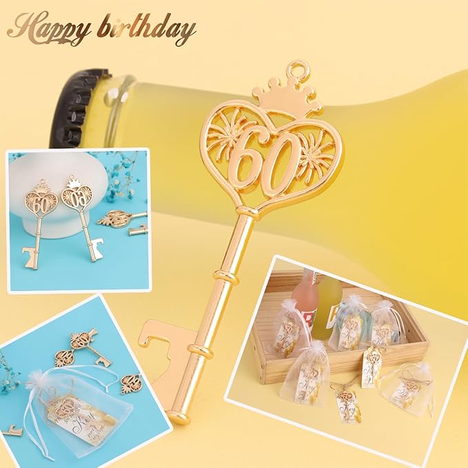 24 Sets 60 Birthday Party Favors Key Bottle Opener, 60th Beer Opener Keychain Favors for Guest with Organza Bags and Tags,Beer Keychain Bottle Openers for Birthday Party Decoration Supplies (gold-60)