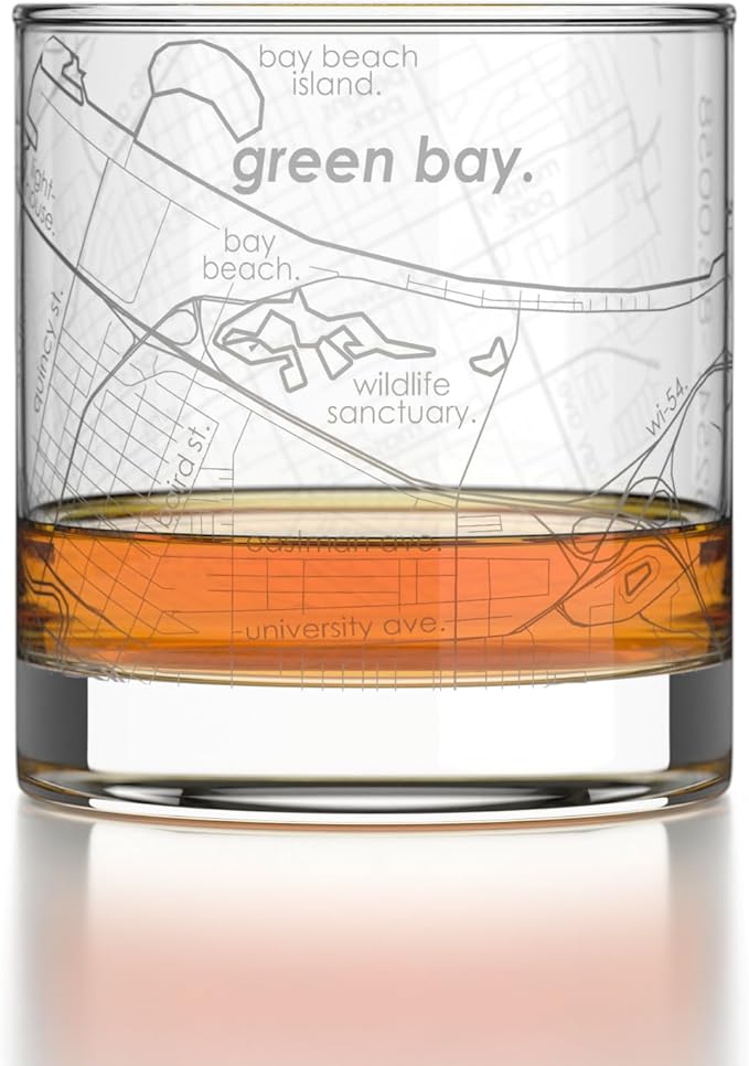 Well Told Engraved Green Bay Wisconsin Map Rocks Glass, Old Fashioned Glassware (11 oz, Clear) Etched Bourbon Tumbler, Gifts For Whiskey Lovers