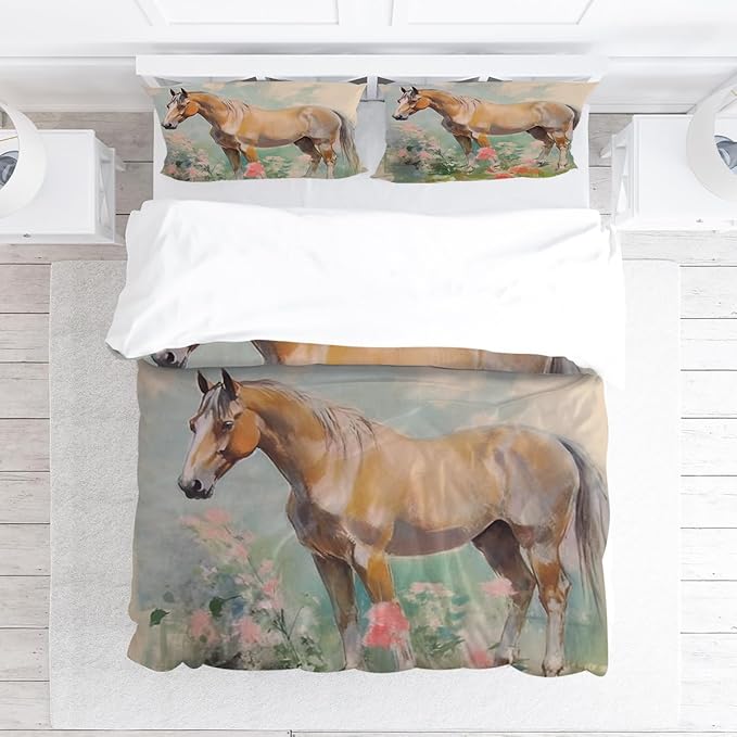 Girls Horse Comforter Sets Queen Size,Retro Floral Bedding Wild Animal Galloping Horse Quilt Sets for Kids Teens 3 Pieces Sets with Pillowcases Bedroom Decor