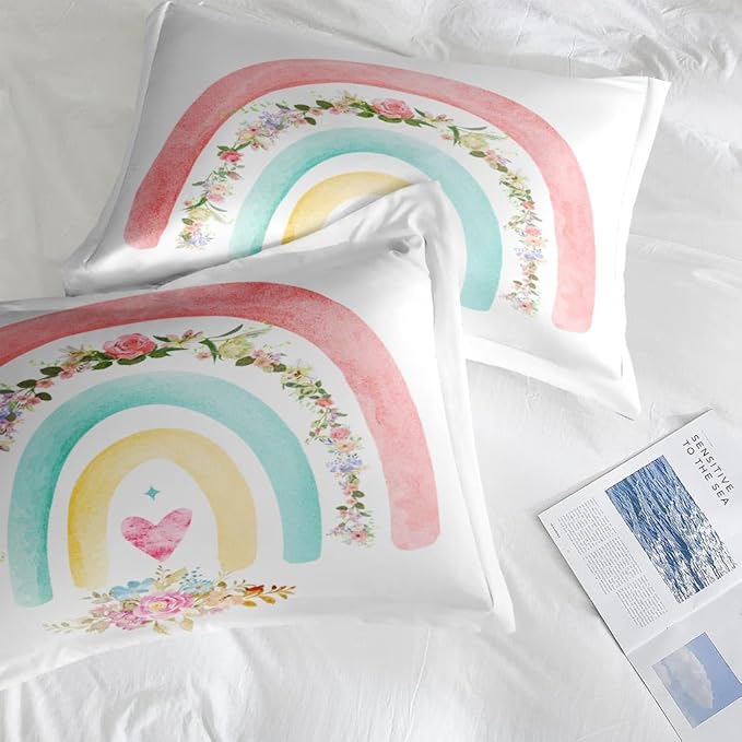 Comforter Set Twin Size, Cute Heart Pink Rose 5 Pcs Bedding for Kids and Adults, Rainbow Leaves Vintage Bed Sheet Sets with Fitted Sheet Pillowcase & Sham for Bedroom Bed Decor