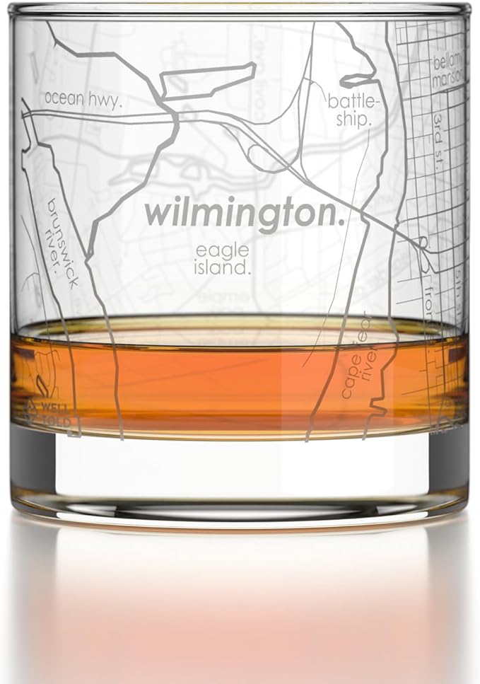 Well Told Engraved Wilmington North Carolina Map Rocks Glass, Old Fashioned Glassware (11 oz, Clear) Etched Bourbon Tumbler, Gifts For Whiskey Lovers