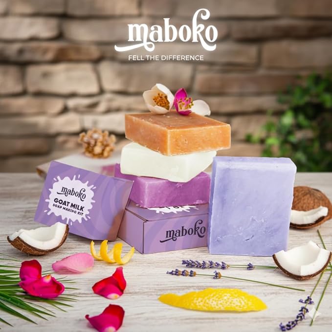 Maboko Goat Milk SOAP Making KIT for Adults – 2lb Pre-Cut Base, 6 Colors, 6 Scents, Silicone Mold, Pitcher & Gift Boxes – All-in-One DIY Soap Kit with Supplies