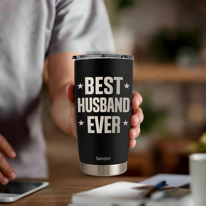 SANDJEST Husbands Tumbler 20oz, Stainless Steel Travel Cup with Lid, Best Husband Ever Insulated Coffee Mug, Husband Gifts for Men Boyfriends on Birthday Christmas Valentine