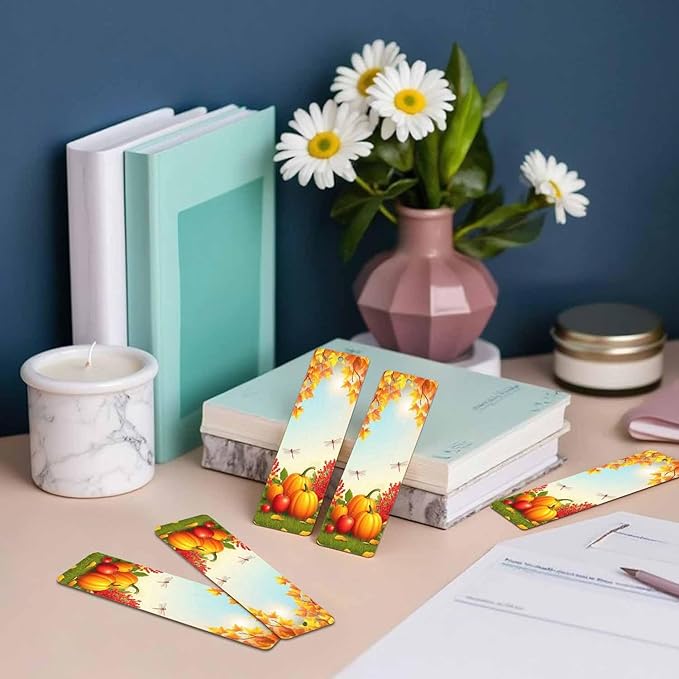 Thanksgiving Bookmarks 5 Pcs Autumn Pumpkin Fruit Maple Leaves Wooden Bookmark with Tassels for Reading Book Lovers Gift Office School Readers Teacher