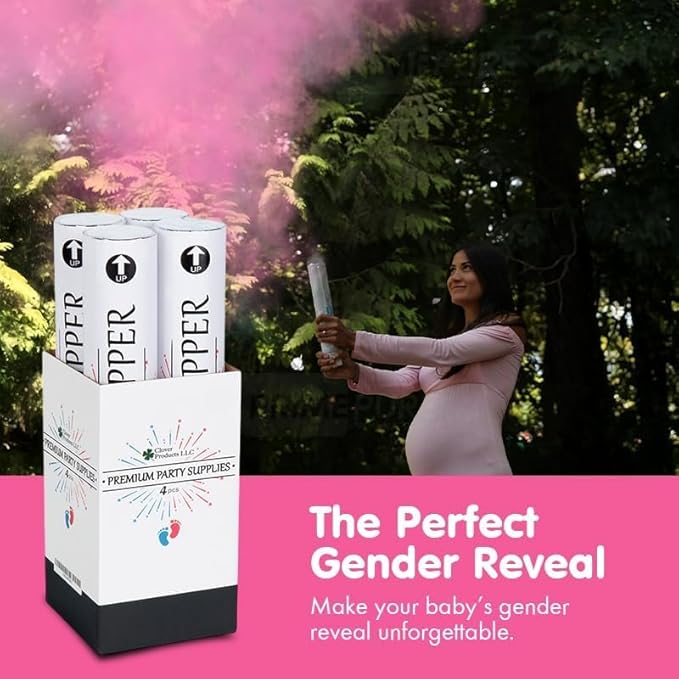 Clover Products Premium Gender Reveal Powder Cannon โ 4 Pack Includes 2 Pink & 2 Blue | 12 Inch Gender Reveal Poppers | Compressed Air Powered | Each Box Contains a FREE โItโs a Girl & Boyโ Balloon..