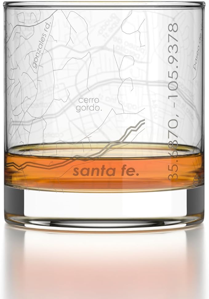Well Told Engraved Santa Fe New Mexico Map Rocks Glass, Old Fashioned Glassware (11 oz, Clear) Etched Bourbon Tumbler, Gifts For Whiskey Lovers