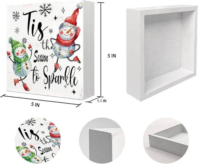 Mtrgdn Christmas Snowman Decor Sign,Winter Xmas Tis the Season to Sparkle Snowmans Indoor Wooden Box Signs,Christmas Decorations for Home Bathroom Bedroom Office Table Desk Shelf Wall Decoration,5x5 Inch