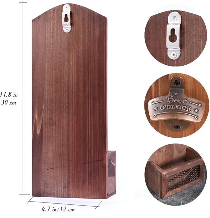 Bottle Opener with Cap Collector Catcher,Vintage Wooden Wall Mounted Bottle Opener,Ideal Gift for Men and Beer Lovers, Use as Bar Decoration (Beer O'Clock)