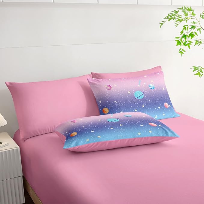7Pcs Comforter Set Space Planet Multi Color Gradient Printed Bedding Set with 1 Comforter,1 Flat Sheet,1 Fitted Sheet and 4 Pillowcases for Boys and Girls Bedroom All Season(Twin)