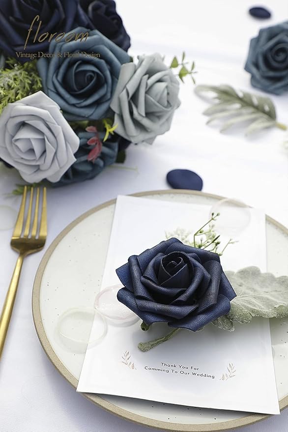 Floroom Artificial Flowers 25pcs Real Looking Dusty Blue Ombre Colors Foam Fake Roses with Stems for DIY Wedding Bouquets Bridal Shower Centerpieces Floral Arrangements Party Tables Home Decorations