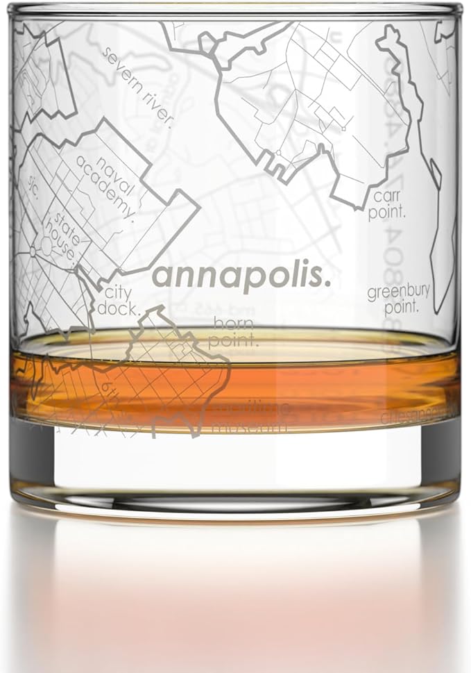 Well Told Engraved Annapolis Maryland Map Rocks Glass, Old Fashioned Glassware (11 oz, Clear) Etched Bourbon Tumbler, Gifts For Whiskey Lovers