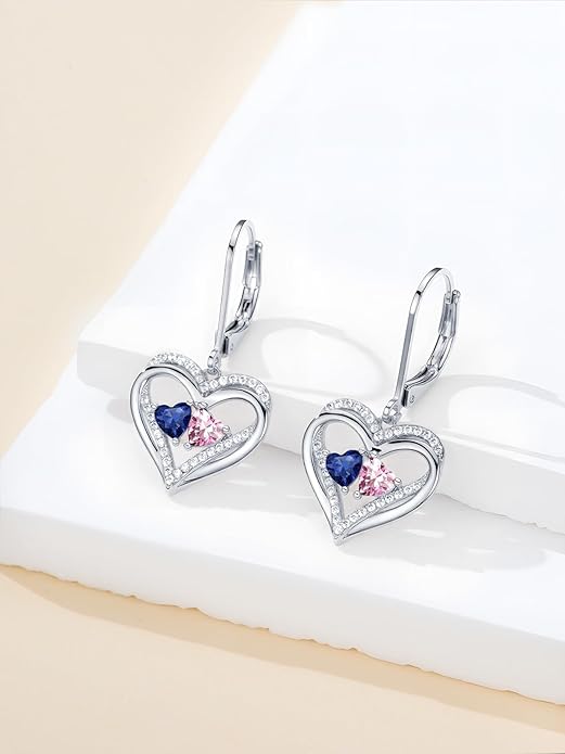 Heart Leverback Earrings Double Birthstone Dangle Earrings for Women, Love Jewelry for Her, Christmas Gifts for Women, Anniversary Birthday Gift for Mom Wife Girlfriend