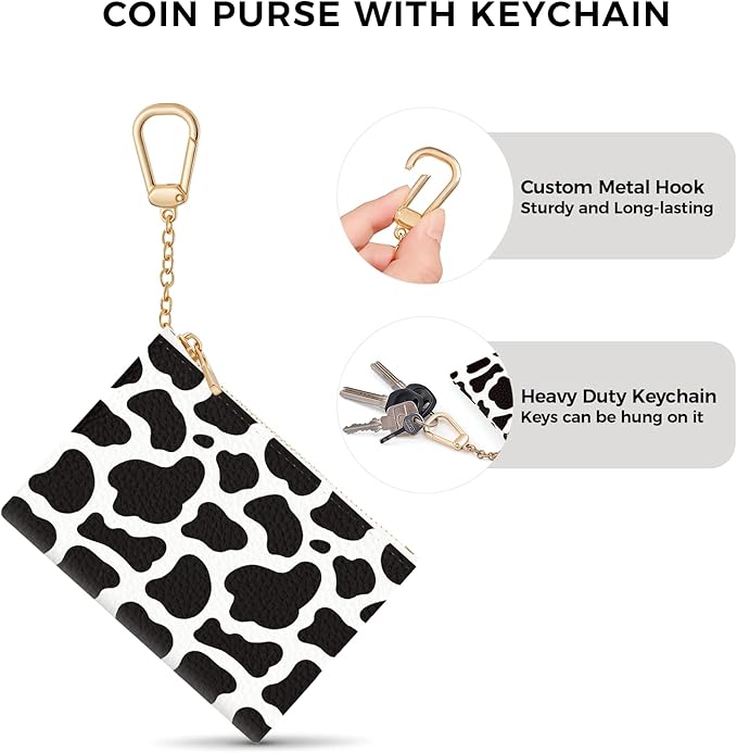 Cow Keychain Coin Purse for Women, Small PU Leather Change Pouch, Zipper Little Tiny Travel Wallet for Girls, Cute Kawaii Zip Pocket Coin Holder with Key Ring