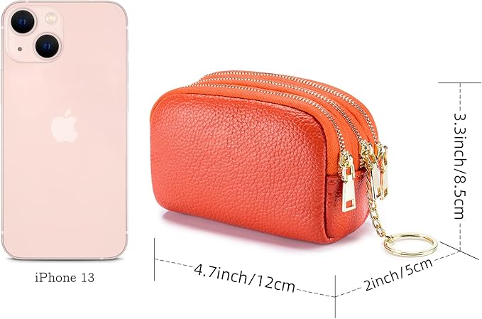 LINNO 3 Zippered Genuine Leather Coin Purse Triple Capacity Change Pouch Little Travel Wallet With Key Ring for Women