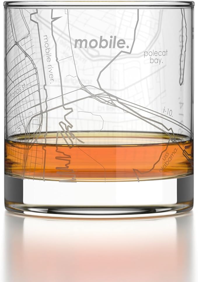 Well Told Engraved Mobile Alabama Map Rocks Glass, Old Fashioned Glassware (11 oz, Clear) Etched Bourbon Tumbler, Gifts For Whiskey Lovers