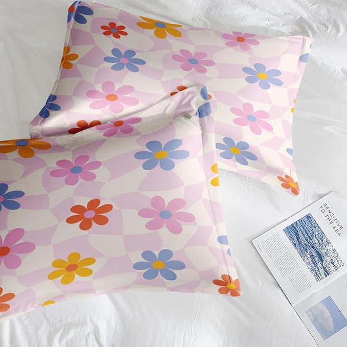 Comforter Set Full Size, Retro Daisy Pink 7 Pcs Bedding for Kids and Adults, Hippie Aesthetic Kids Bed Sheet Sets with Fitted Sheet 2 Pillowcases & 2 Shams for Bedroom Bed Decor