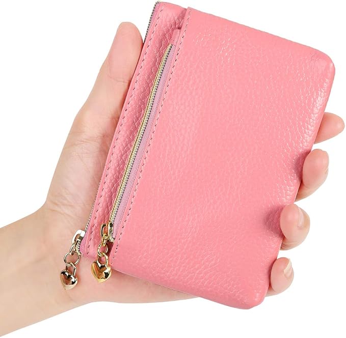 Women's Genuine Leather Coin Purse Zipper Pocket Size Pouch Change Wallet, Pink