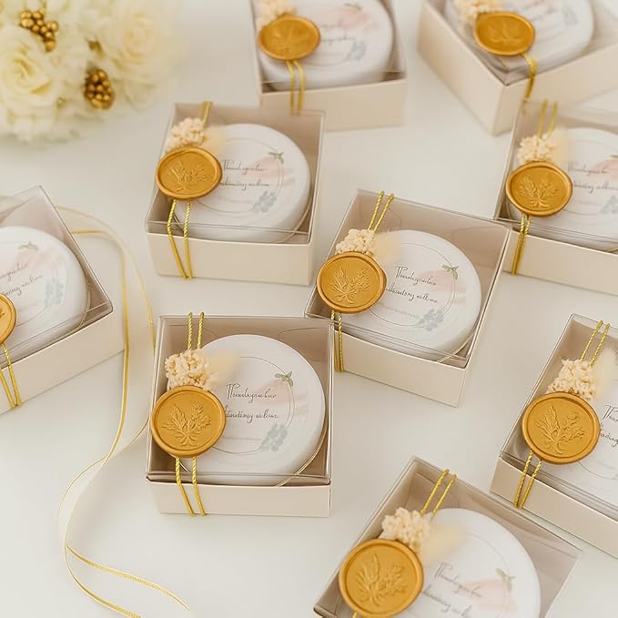 Wedding Candle Favor Set with Gift Box – Personalized Soy Wax Candles with Gold Seal & Gold String, Dried Flowers