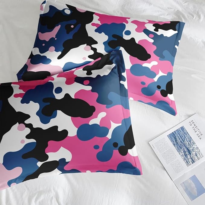 Comforter Set Full Size, Camouflage Camo Army 7 Pcs Bedding for Kids and Adults, Pink Green Summer Bed Sheet Sets with Fitted Sheet 2 Pillowcases & 2 Shams for Bedroom Bed Decor