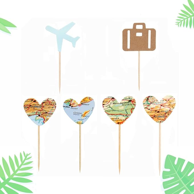 Morndew 24 PCS Travel Cupcake Toppers Blue Airplane Map Heart Traveling Case Cake Topper Picks for World Awaits Travel Themed Baby Shower Birthday Party Wedding Party Decorations