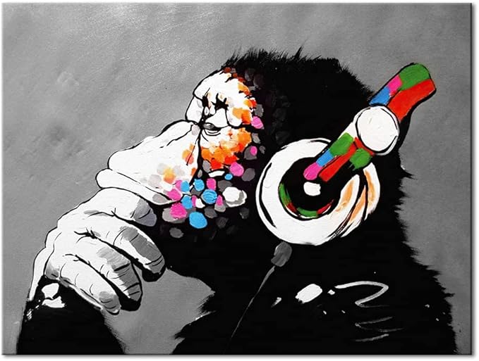 Wieco Art Monkey With Headphones Banksy DJ Chimp Pop Art Cool Ape Abstract Canvas Prints Wall Art Paintings for Living Room Bedroom Home Decorations Stretched Artwork for Office Decor