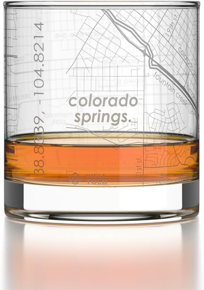 Well Told Engraved Colorado Springs Colorado Map Rocks Glass, Old Fashioned Glassware (11 oz, Clear) Etched Bourbon Tumbler, Gifts For Whiskey Lovers