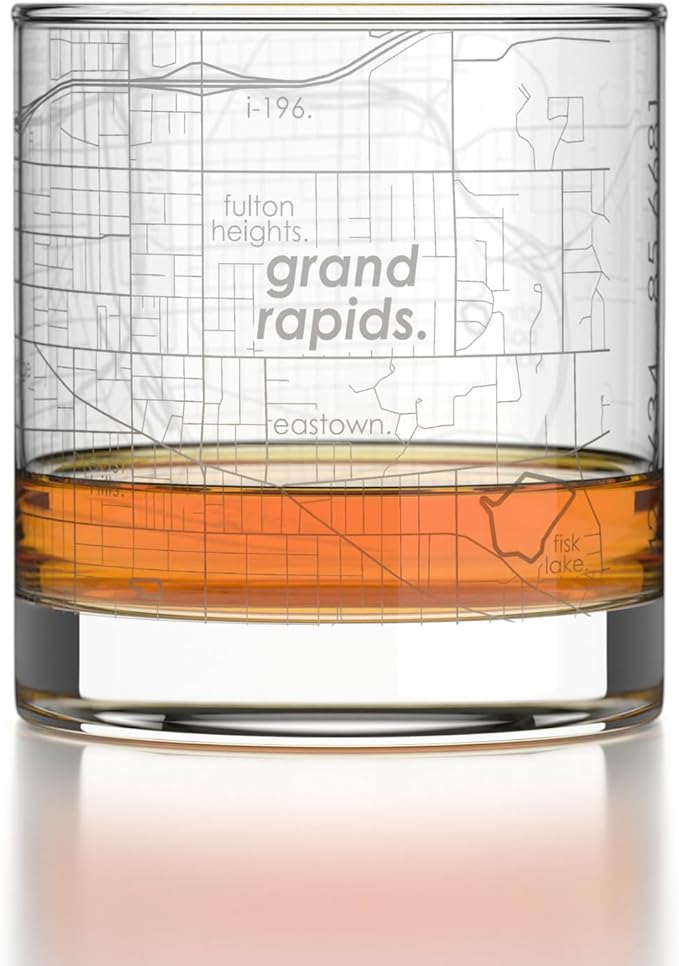 Well Told Engraved Grand Rapids Michigan Map Rocks Glass, Old Fashioned Glassware (11 oz, Clear) Etched Bourbon Tumbler, Gifts For Whiskey Lovers