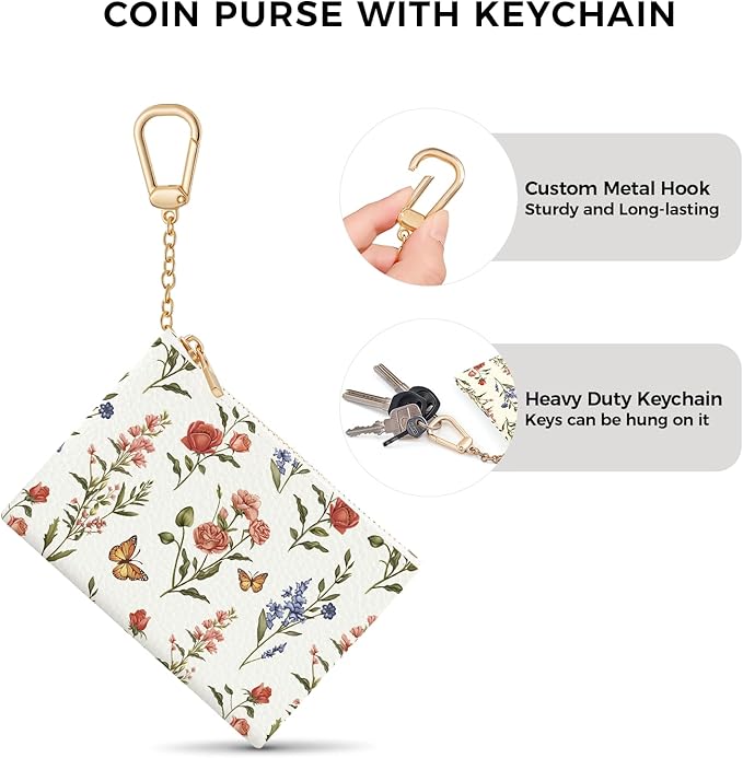 Colorful Flower with Butterfly Keychain Coin Purse for Women, Small PU Leather Change Pouch, Zipper Little Tiny Travel Wallet for Girls, Cute Kawaii Zip Pocket Coin Holder with Key Ring