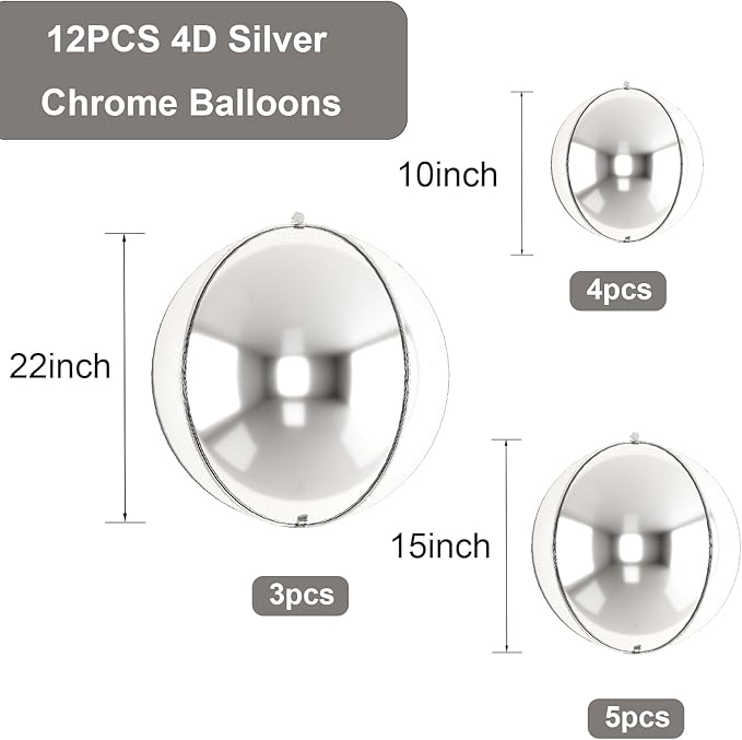 12PCS Silver Foil Balloons 22in 15in 10in Different Sizes Large Silver Foil Metallic Balloons 4D Round Chrome Balloon for Graduation New Year Birthday Party Decorations