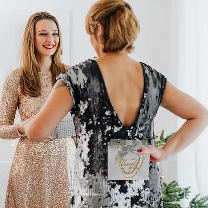 TKSBAG 100 Pack Small Thank You Gift Bags with Handles, 5.5''x 2.5''x4.7'' Mini Silver Gift Bags Bulk for Baby Shower, Birthday, Wedding, Party Favors, Back to School, Summer Party
