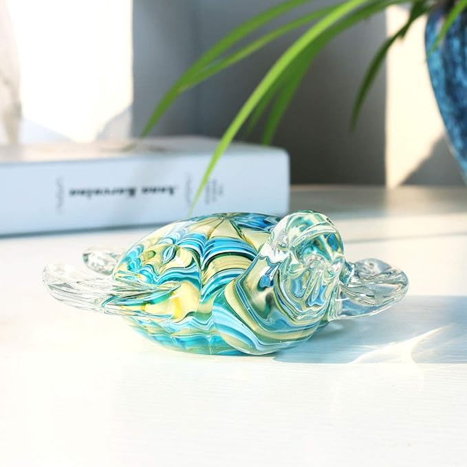 QFkris 6" Blown Glass Sea Turtle Figurine, Handmade Glass Sculpture, Home Decor, Birthdat Present