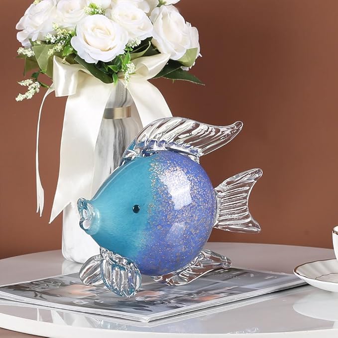 QIANLING Glass Fish Figurines - Coastal Home Decor, Modern Ocean Centerpieces for Living Room, Dining Area, Bathroom, Office, Coffee Table, Beach House, Nautical, Seaside, Entrance, Shelf Display