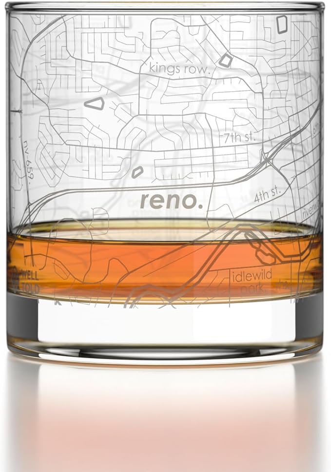 Well Told Engraved Reno Nevada Map Rocks Glass, Old Fashioned Glassware (11 oz, Clear) Etched Bourbon Tumbler, Gifts For Whiskey Lovers