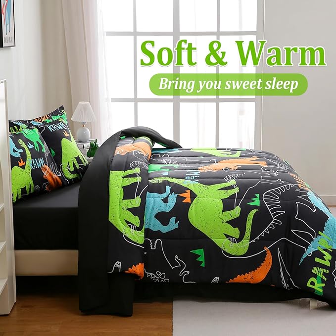 6 Pcs Bed in A Bag Full Comforter Set for Boys Girls, Dinosaur Comforter, Dinosaur Bedding Sets with Sheets for Kids