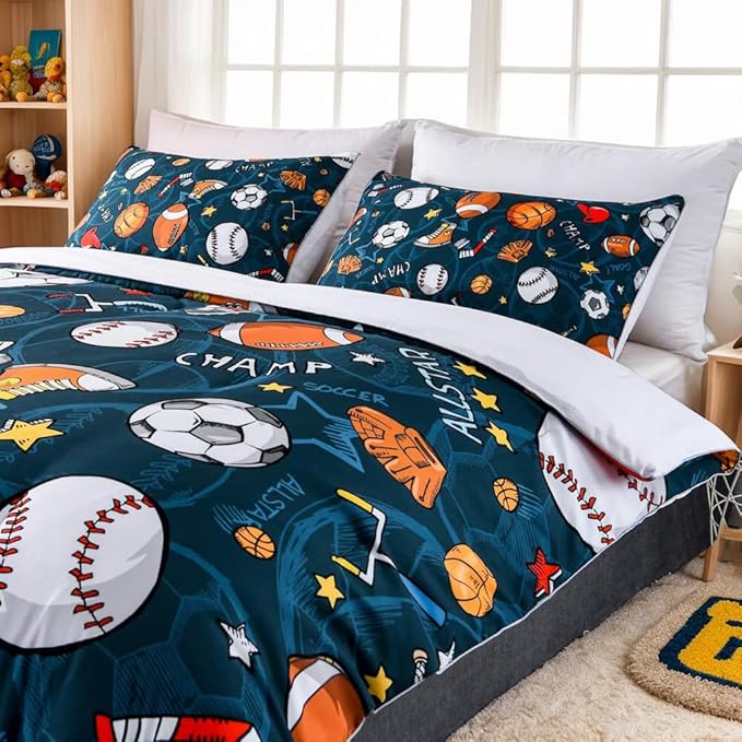 Sports Comforter Sets Bed in A Bag Twin Size,3D Soccer Basketball Baseball Football Theme Quilt Set for Kids Boys Children Fans Bedding Decorative