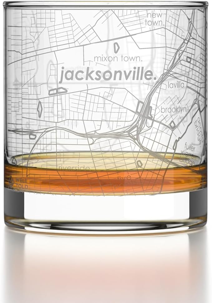 Well Told Engraved Jacksonville Florida Map Rocks Glass, Old Fashioned Glassware (11 oz, Clear) Etched Bourbon Tumbler, Gifts For Whiskey Lovers