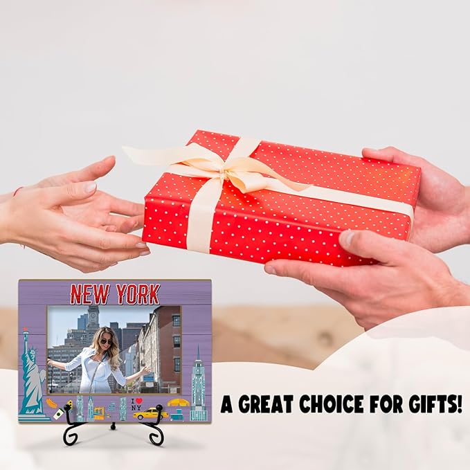 Lesixur New York Photo Frame with Iron Stand, Wedding Honeymoon Vacation Souvenir Gift for Couples Friends, 4x6 Wooden Picture Frame for Tabletop Desktop Display, Home Table Decor -045